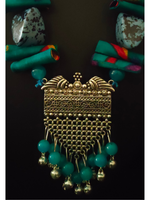 Load image into Gallery viewer, Statement Blue Necklace Set with Tibetan Stones, Fabric and Ghungroos

