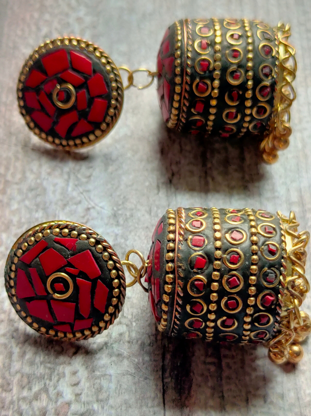 Red and Black Tibetan Earrings with Metal Beads and Gold Detailing
