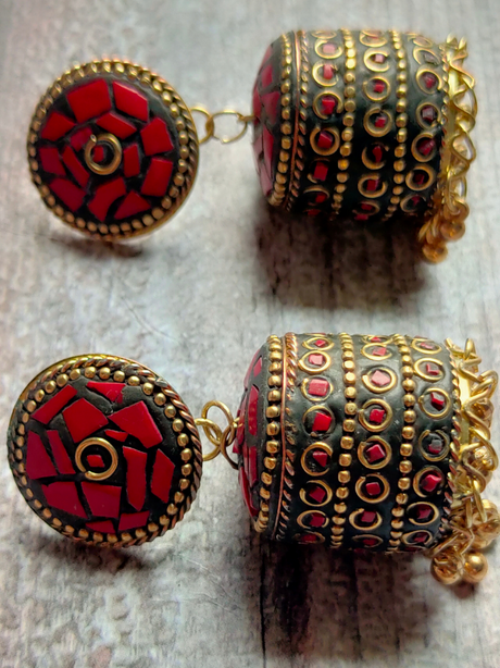 Red and Black Tibetan Earrings with Metal Beads and Gold Detailing
