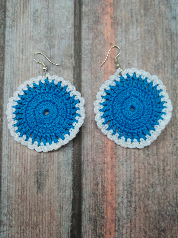 Blue and White Round Hand Knitted Crochet Earrings