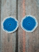 Load image into Gallery viewer, Blue and White Round Hand Knitted Crochet Earrings
