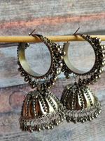 Load image into Gallery viewer, Oxidised Silver Hoop Jhumkas with Metal Beads
