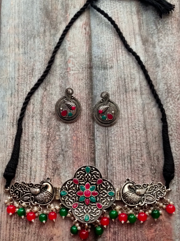 Adjustable Peacock Necklace Set with Red and Green Stones and Beads Detailing