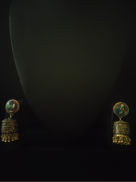 Muti-Color Tibetan Earrings with Metal Beads and Gold Detailing