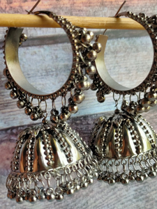 Oxidised Silver Hoop Jhumkas with Metal Beads