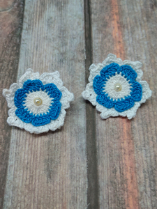 Blue and White Flower Shaped Hand Knitted Crochet Earrings