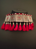 Load image into Gallery viewer, Oxidised Silver Choker Necklace Set with Maroon Thread Work
