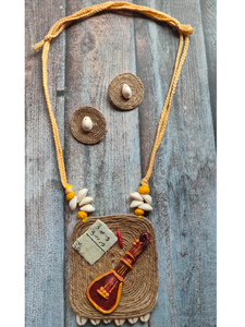 Handcrafted Sitar Motif Jute Necklace Set with Shell Work