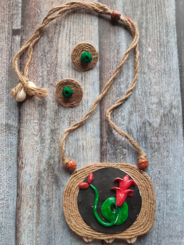 Handcrafted Terracotta Flower Motif Jute Necklace Set with Shell Work