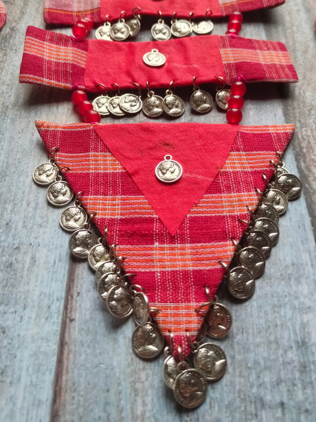 Statement Pendant Fabric Necklace Set with Stamped Coins