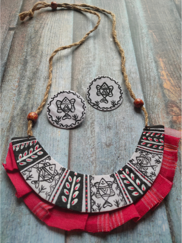 Half Moon Hand Painted Fabric Necklace Set with Jute Closure