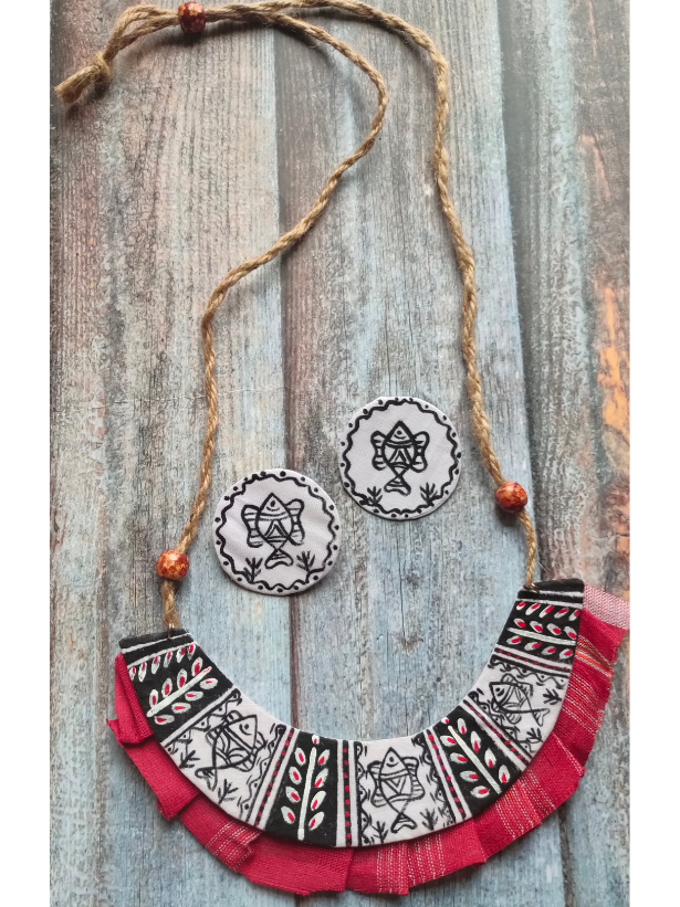Half Moon Hand Painted Fabric Necklace Set with Jute Closure