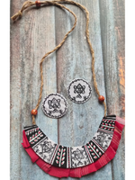 Load image into Gallery viewer, Half Moon Hand Painted Fabric Necklace Set with Jute Closure
