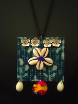 Kantha Work Indigo Fabric Necklace Set with Pompom and Shells