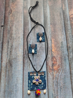 Load image into Gallery viewer, Kantha Work Indigo Fabric Necklace Set with Pompom and Shells

