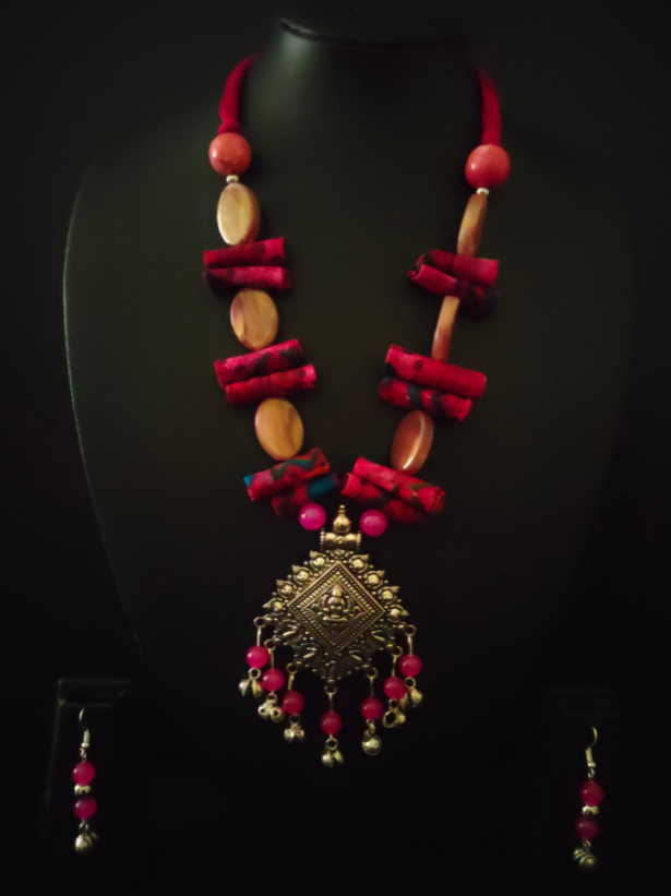 Statement Necklace Set with Tibetan Stones, Fabric and Ghungroos