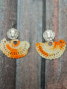 Orange and White Hand Knitted Crochet Earrings