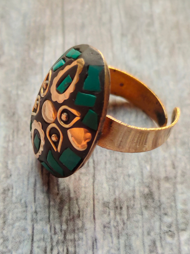 Black and Turquoise Tibetan Ring with Gold Detailing