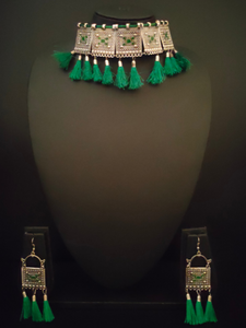 Oxidised Silver Choker Necklace Set with Green Thread Work