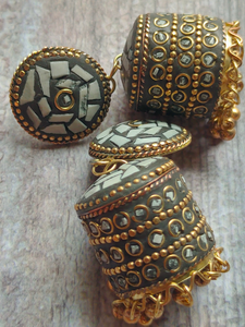 White and Black Tibetan Earrings with Metal Beads and Gold