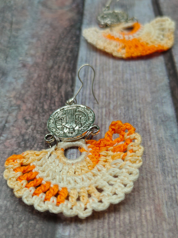 Orange and White Hand Knitted Crochet Earrings