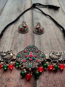 Adjustable Peacock Necklace Set with Red and Green Stones and Beads Detailing