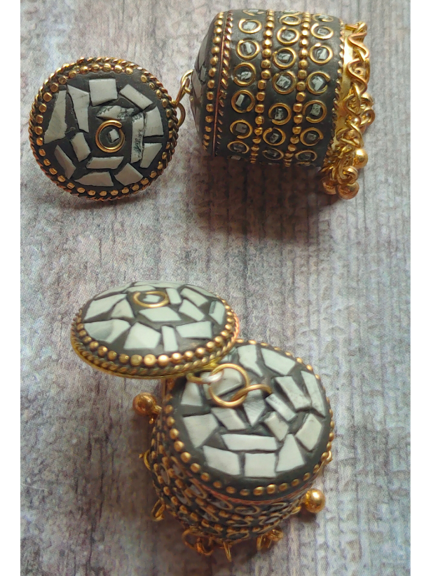 White and Black Tibetan Earrings with Metal Beads and Gold Detailing
