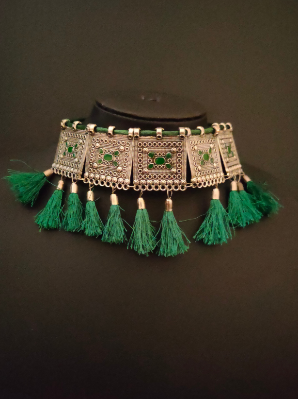 Oxidised Silver Choker Necklace Set with Green Thread Work