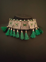 Load image into Gallery viewer, Oxidised Silver Choker Necklace Set with Green Thread Work
