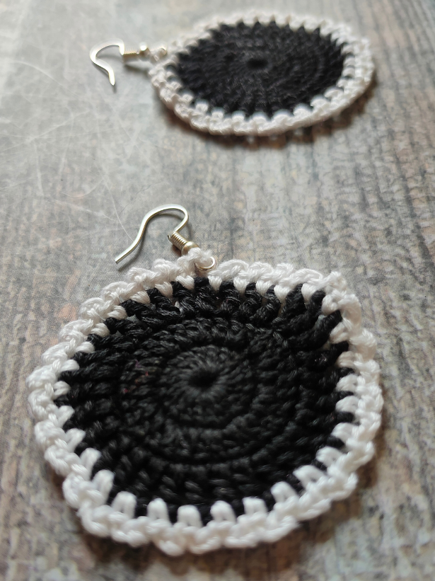 Black and White Hand Knitted Crochet Earrings