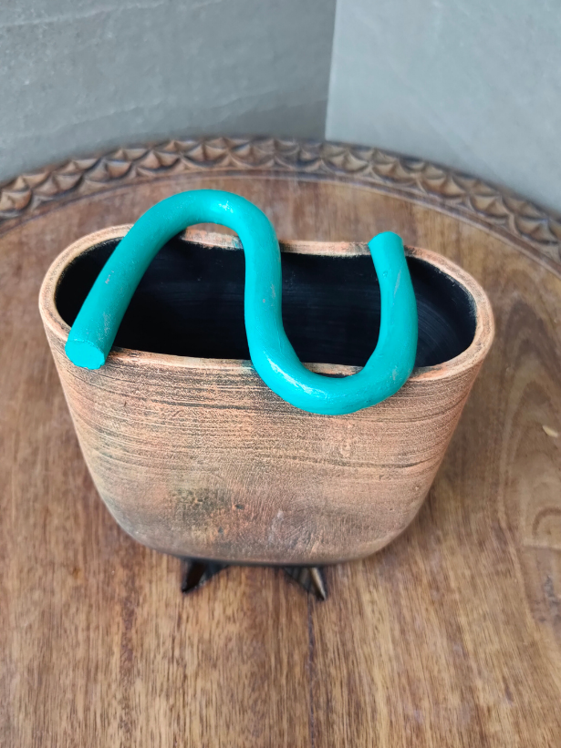 Earthy Brown and Turquoise Handcrafted Modern Art Terracotta Pot