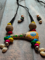 Load image into Gallery viewer, Hand-Painted Clay Shehnai with Shells and Fabric Beads Necklace Set
