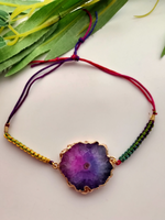 Load image into Gallery viewer, Natural Agate Stone Marble Rakhi with Shades of Pink and Violet and Gold Foil Detailing
