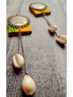 Load image into Gallery viewer, Mantra Printed Fabric Earrings with Shell Chain Strands

