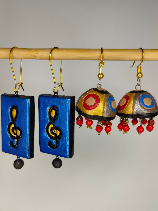 Set of 2 (Jhumka and Musical Note) Handcrafted Terracotta Clay Earrings