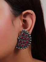 Load image into Gallery viewer, Half Moon Shape Fuchsia Glass Stones Embedded Oxidised Finish Stud Earrings

