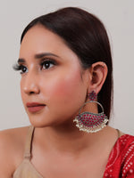 Load image into Gallery viewer, Pink Rhinestones Embedded Circular Dangler Earring with White Beads Detailing
