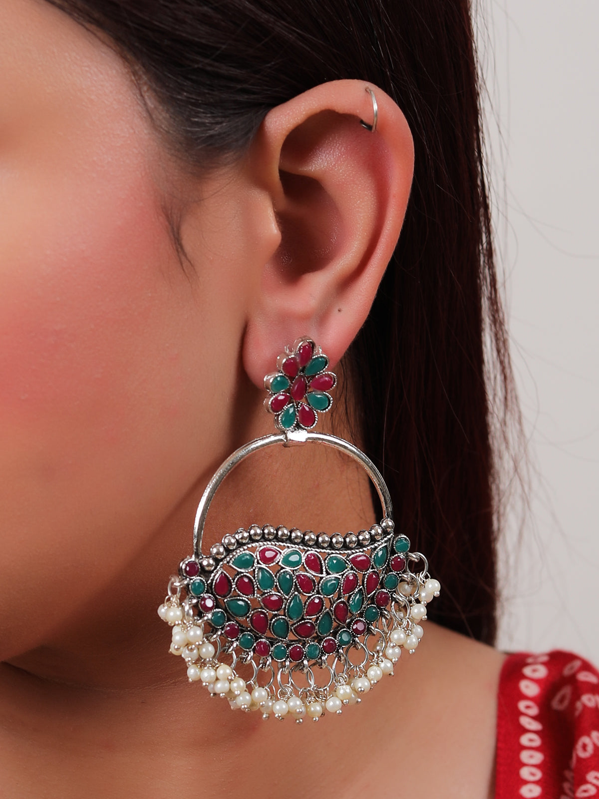 Multi-Color Rhinestones Embedded Circular Dangler Earring with White Beads Detailing