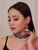 Vibrant Festive Choker Necklace Set with Fuchsia Glass Beads and Thread Closure