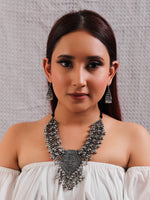 Load image into Gallery viewer, Ghungroo Embellished Oxidised Finish Elaborate Necklace with Adjustable Thread Closure

