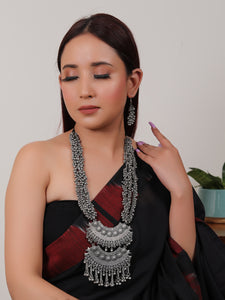 2 Layer Pendant Ghungroo Beads Embellished Oxidised Finish Elaborate Metal Necklace Set