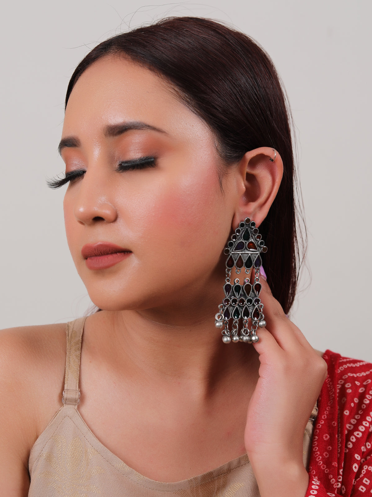 Multi-Color Rhinestones Embedded Oxidised Finish Statement Long Afghani Earrings