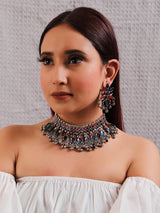 Multi-Color Glass Stones Embedded Adjustable Length Thread Closure Choker Necklace Set