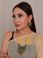 Load image into Gallery viewer, Yellow &amp; Green Fabric and Antique Gold Finish Metal Pendant Necklace Set

