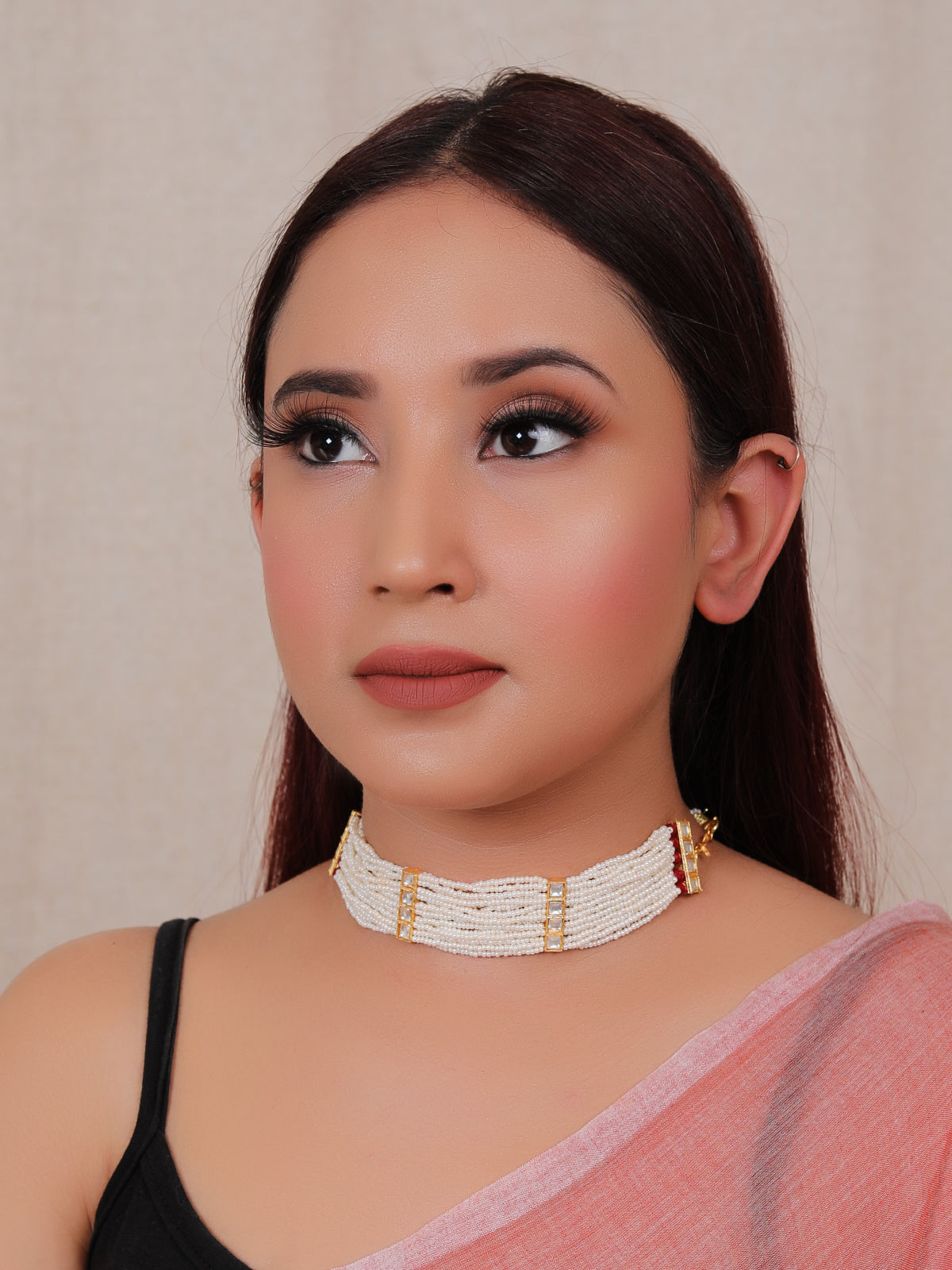 White and Red Beads Handmade Multiple Strings Gold Toned Choker Necklace