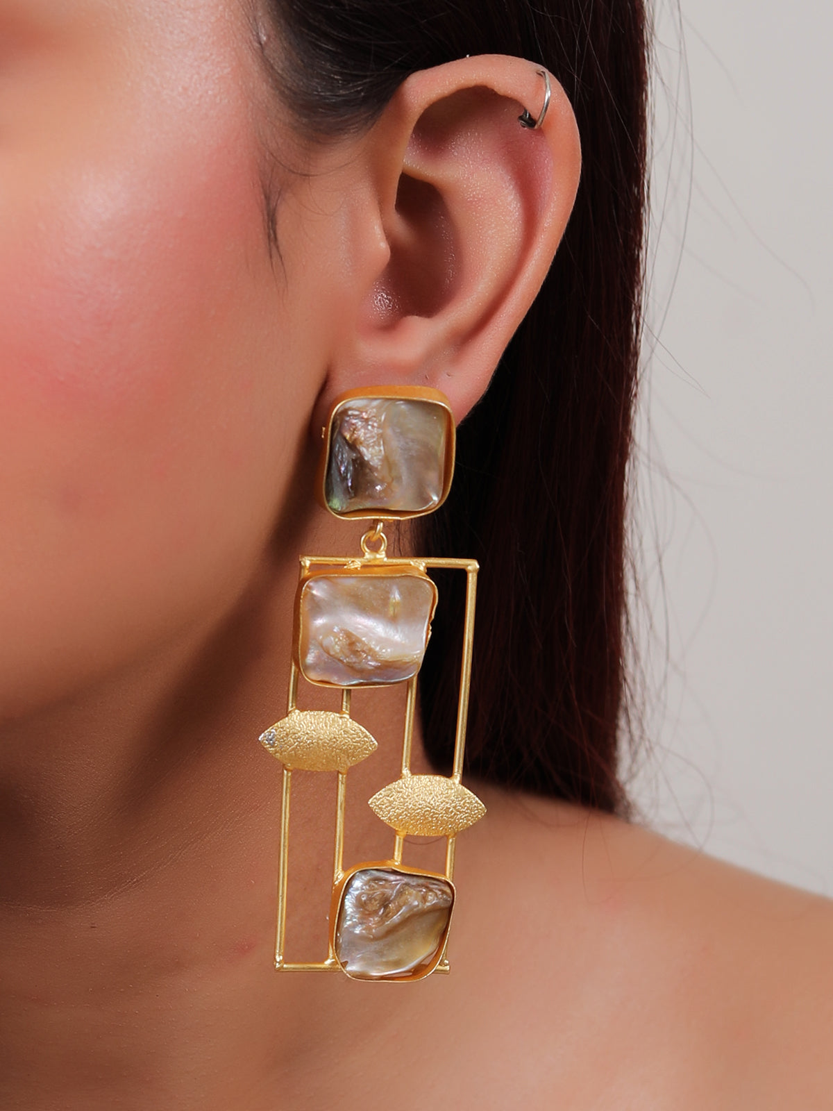 Vertical Bars Baroque Pearl Gemstones Embedded Gold Toned Brass Earrings
