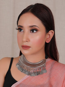 Hasli Style Choker Necklace with Stamped Coins Strings and Thread Closure