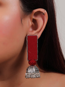 Red Woven Fabric Long Dangler Jhumka Earrings