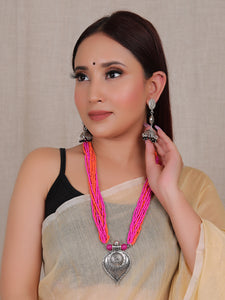 Pink and Orange Beads Hand Beaded Necklace Set with Jhumka Earrings