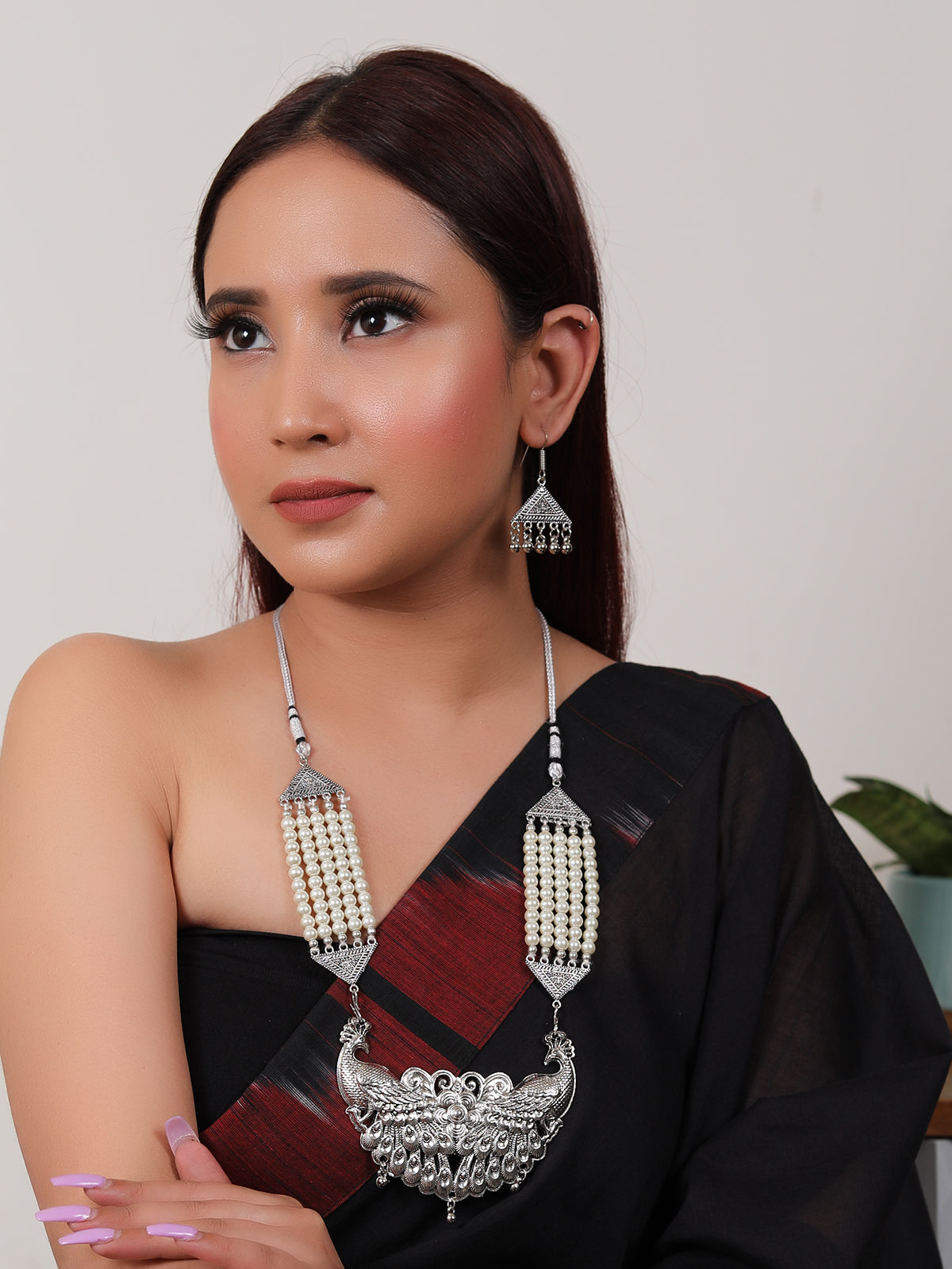 Statement Peacock Pendant Stringed White Beads Necklace Set